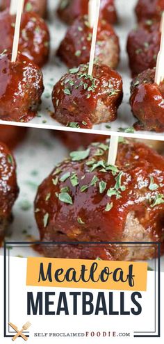 meatballs with marinara sauce and toothpicks on them are ready to be eaten