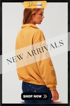 Vintage Long-sleeved Printed Sweatshirt Yellow Winter Tops With Ribbed Cuffs, Yellow Crew Neck Winter Tops, Yellow Crew Neck Top For Winter, Gender Female, Career, Shop Now, Sweatshirts, Long Sleeve