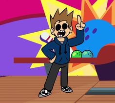 a cartoon character is standing in front of a bowling ball and pointing to the side