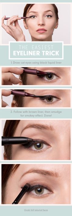 Day-appropriate cat eye: Start with regular winged black liner, then add a layer of brown eyeliner along the top. Smoke out with fingers or brush, and you're done! Easiest Eyeliner, Eyeliner Tricks, Eyes Speak, Make Up Studio, Makeup Tip, Easy Makeup Tutorial, Brown Eyeliner