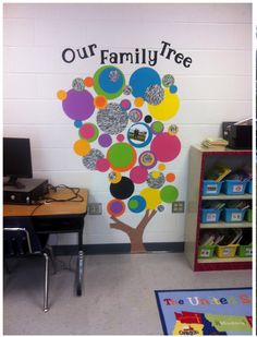 there are two pictures of the same tree on the wall, and one has an image of a child's play area