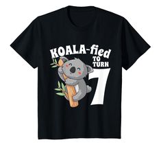 a black shirt with koala - fed to turn seven on it