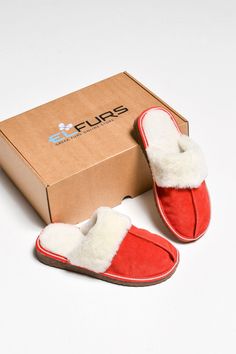 "Women's slippers are \"ugg boots\" with natural sheepskin in red. The upper material is genuine Italian leather lined with felted wool (100% merino). The insole and upper trim are made of Spanish sheepskin. The sole is made of EVA, a modern, environmentally friendly, and hygienic material -- plastic, silent, and non-slip. The manufactured model is ranged from 35 to 42 sizes. Sheepskin slippers are a great choice if you care about your health and prefer natural products. In natural fur slippers, the skin of your feet breathes. Sheepskin maintains an optimal temperature, and the feet in such slippers will be warm and comfortable. Sheepskin shoes can alleviate joint pain, and relieve fatigue, and stress. An important property of such slippers is the prevention of colds. Sheepskin slippers ar Red Slip-on Slippers With Leather Sole, Red Leather Sole Slip-on Slippers, Sheepskin Slippers With Leather Sole And Round Toe, Sheepskin Closed Toe Slippers, Sheepskin Slippers With Rubber Sole And Round Toe, Sheepskin Slip-on Slippers With Rubber Sole, Leather Slippers With Scuffs For Winter, Red Leather Round Toe Slippers, Slippers Ugg