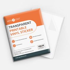 the clear printable vinyl sticker is shown in front of an orange and white background