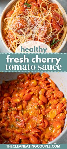 healthy fresh cherry tomato sauce in a white bowl with text overlay that reads, healthy fresh cherry tomato sauce