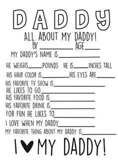 a father's day card with the words, i love my daddy all about my daddy