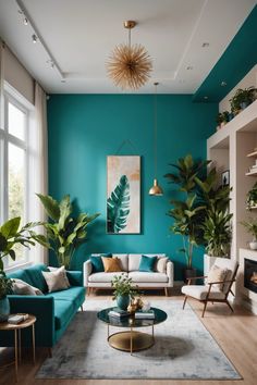 a living room with teal walls and wooden flooring, large plants on the wall