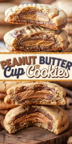 peanut butter cookies stacked on top of each other with the words, peanut butter cup cookies