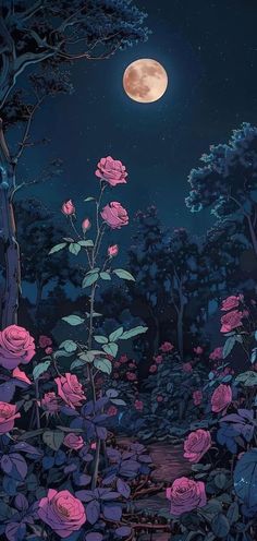 the night is full of pink flowers and trees, while the moon shines brightly in the background