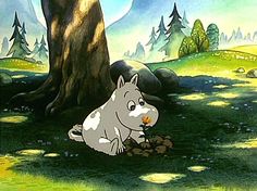 a cartoon character sitting in the grass next to a tree with an animal on it