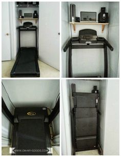 there are four pictures of the inside of a room with a treadmill in it