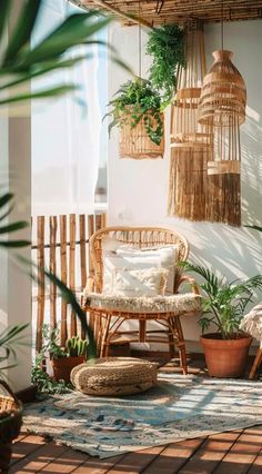 an outdoor area with plants and wicker furniture