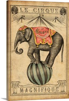 an elephant on top of a ball with circus tent in the background canvas wall art print