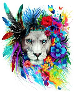 a white lion with colorful feathers and flowers on it's head, surrounded by butterflies