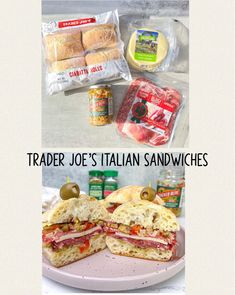 there is a sandwich with meat and cheese on the plate next to other items that are labeled trader joe's italian sandwiches