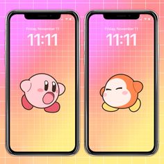 two iphones with cartoon faces on them, one is pink and the other is orange