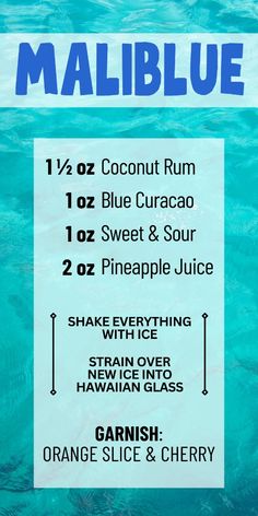 an advertisement with the names of different types of items in it, including coconut rum and blue curacao