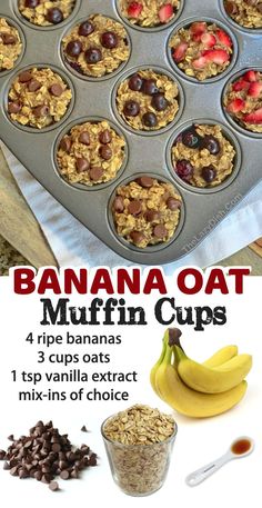 banana oat muffin cups with chocolate chips and strawberries in the middle are shown