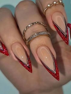 Elevate Your Style with,24pcs long Stiletto Red French & Rhinestones design Fake Nail set,contain 1pc Jelly Glue and 1pc Nail File, For Daily Wear By Women And Girls | SHEIN USA Burlesque Nails, French Tip Nail Art, Gold Nail, Form Design, Classy Nails