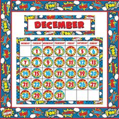 a calendar with the word december on it and colorful circles around it in red, blue,