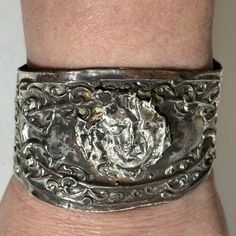 Thank You For Looking At This Handmade One Of A Kind Cuff Bracelet Made With Antique Victorian Sterling Silver The Sterling I Used Is Over 100 Years Old I Soldered A Sterling Antique Face To Antique Sterling And Created This Cuff The Face To Me A Bit Like A Gothic Demon I Preserved This Stunning Antique. Saved From " Destruction In History By Forging It Into A Cuff. Fits Medium- Wrists,6.25- 6.75 , Slightly Adjustable , I Can Make It Smaller Or Larger, Just Contact Me For Adjustment Tested Sterl Rustic Cuff Bracelets, Jewelry Art Nouveau, Gothic Bracelet, Hammered Bangles, Antique Silver Jewelry, Cuff Bracelets Handmade, Metalwork Jewelry, Awareness Bracelet, Spoon Ring