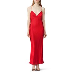 Red satin (100% Polyester). Gown. Sleeveless. V-neckline. Hidden center back zipper closure. Partially lined. 56" from shoulder to hemline. Imported. V-neck Bias Cut Slip Dress For Gala, Bias Cut V-neck Slip Dress For Gala, Silk V-neck Slip Dress For Prom, Red Satin V-neck Gown, Elegant Satin Lined Slip Dress, Elegant Satin Slip Dress With Lining, Elegant Lined V-neck Slip Dress, Lined Satin Maxi Dress, Silk Evening Slip Dress Lined