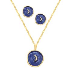 Tie together a stylish look with this unique Royal Aura pendant and stud earring set. Tie together a stylish look with this unique Royal Aura pendant and stud earring set. Chain length: 17 in. + 2-in. extender Nickel free Metal: brass Blue enamel details Packaging: boxed Size: 17". Color: Gold Tone Dark Blue. Gender: female. Age Group: adult. Blue Crescent Earrings As A Gift, Blue Pendant Necklace With Matching Earrings, Elegant Blue Earrings With Moon Charm, Blue Moon-shaped Metal Jewelry, Elegant Blue Jewelry With Moon Charm, Elegant Blue Moon-shaped Jewelry, Blue Enamel Jewelry With Matching Earrings, Elegant Blue Moon Shaped Earrings, Elegant Blue Moon-shaped Necklace