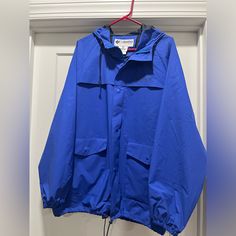 Columbia Rain Jacket Oversized Medium Royal Blue Nwot Hooded With Zipper And Snap Buttons Drawstring At Waist Oversized Windbreaker With Pockets For Rainy Weather, Blue Weatherproof Long Sleeve Hooded Jacket, Blue Weatherproof Hooded Jacket For Fall, Blue Weatherproof Outerwear For Fall, Weatherproof Blue Outerwear For Fall, Oversized Blue Outerwear With Pockets, Blue Weatherproof Long Sleeve Parka, Weatherproof Blue Outerwear For Streetwear, Weatherproof Long Sleeve Blue Outerwear