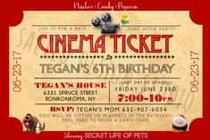 a ticket for a movie party with dogs on the front and back, in red