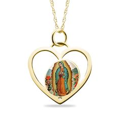 Celebrate faith with this personalized Our Lady of Guadalupe heart pendant. 10K white, yellow or rose gold. Features a detailed Our Lady of Guadalupe design and an intricate floral background - all in an enamel finish. An open heart-shaped frame surrounds the centerpiece. Add up to two lines of messages - each 10 characters max - inscribed along the backside. 18.0-inch rope chain with spring-ring clasp. Heart-shaped Miraculous Medal Jewelry Gift, Heart Shaped Miraculous Medal Jewelry Gift, Yellow Gold Miraculous Medal Jewelry For Wedding, Wedding Yellow Gold Jewelry With Miraculous Medal, Anniversary Yellow Gold Jewelry With Miraculous Medal, Anniversary Yellow Gold Miraculous Medal Jewelry, Guadalupe Design, Heart Shaped Frame, Our Lady Of Guadalupe