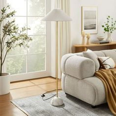 a living room with a couch, lamp and potted plant on the side table