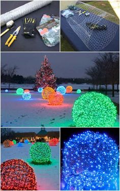 christmas lights in the snow and on top of each other, with different pictures showing them