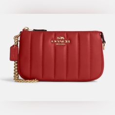 New Coach Nolita 19 In Gold/Red Apple With Linear Quilting Limited Edition Nappa Leather & Smooth Leather Zip-Top Closure Fabric Lining Inside Multifunction Pocket Two Credit Card Slots Chain Handle With 6 1/4” Drop Style No C8302 New, Never Used Coach Evening Bags With Chain Strap, Coach Clutch Bag With Chain Strap, Coach Red Evening Bag, Red Coach Shoulder Bag For Evening, Red Coach Evening Bag, Red Coach Clutch Bag, Leather Quilting, Coach Nolita 19, Coach Nolita