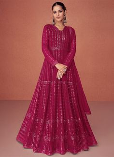 Buy Latest Indian Anarkali - HATKAY Hot Pink Anarkali, Pink Anarkali Gown, Pink Anarkali Suits, Georgette Material, Pink Anarkali, Designer Anarkali Dresses, Anarkali Lehenga, Party Wear Gown, Designer Anarkali