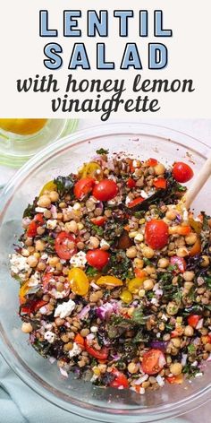 lentil salad with honey lemon vinaiette in a glass bowl