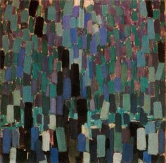 an abstract painting with blue, green and black squares