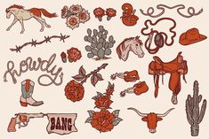 Wild & Western • Cowboy illustration by Pony Gold Studio on @creativemarket Western Illustration Art, Vintage Western Drawings, Pony Gold Illustration, Western Saddle Drawing, Western Posters Ideas, Punchy Western Wallpaper, Pony Gold, Vintage Western Prints, Western Theme Tattoo Sleeve