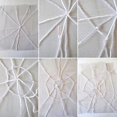 four pictures show the process of making an ornament with white yarn and thread