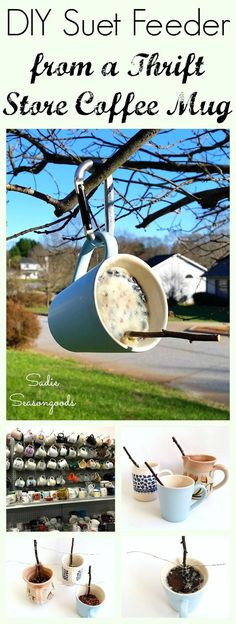 coffee mugs with spoons hanging from them and some other items in the cup holder