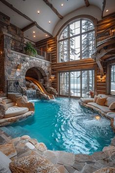 a large indoor swimming pool with waterfall and slide in the center surrounded by stone walls