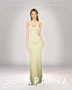 a woman in a long dress standing on a white background with the words seraphina