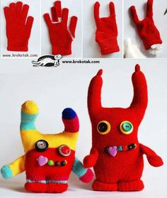 two red knitted gloves and one yellow stuffed animal with big eyes are shown in different positions