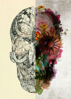 a drawing of a skull with flowers on it's side and another image of a human head in the background