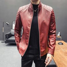 This Spring Motor Bomber Leather Jacket is super stylish and makes you look more elegant. The perfect compromise between casual and looking smart. One quick wearing can seamlessly take you to the next fashion level. Casual Fitted Leather Jacket For Office, Sleek Winter Biker Jacket For Office, Sleek Winter Biker Jacket, Elegant Spring Business Biker Jacket, Elegant Spring Biker Jacket For Business, Casual Leather Jacket With Stand Collar For Business, Modern Leather Jacket For Business Casual In Fall, Modern Business Casual Leather Jacket For Fall, Business Leather Jacket With Zipper For Spring