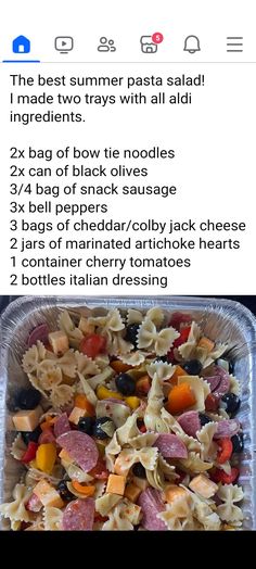 the recipe for this pasta dish is shown in an instagramtion screen graber