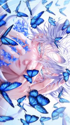 a woman surrounded by blue butterflies with her eyes closed and hair blowing in the wind