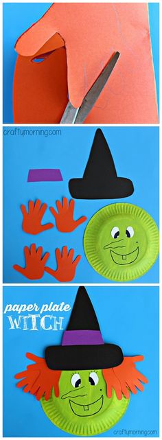 Paper Plate Witch Craft #Halloween craft for kids to make using their handprints! | CraftyMorning.com Paper Plate Witch Craft, Halloween School Crafts, Halloween Crafts For Toddlers, Halloween Preschool, Witch Craft, Halloween Tags, Daycare Crafts, Paper Plate Crafts