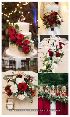 the wedding cake is decorated with red and white flowers, greenery, and candles