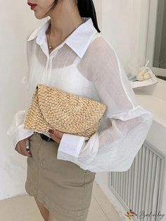 BirdinBag - Summer Beach Travel Purse: Womens Corn Husk Weave Dinner Clutch Bag, Fashionably Spacious & Casual Envelope Clutch Purse, Long Weave, Straw Purse, Straw Clutch, Corn Husk, Rattan Bag, Travel Purse, Straw Bags, Retro Women