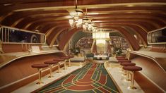 the interior of a fancy restaurant with wooden walls and ceilings, decorated in art deco style